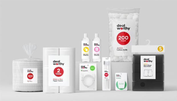A variety of dealworthy products on a white background, including paper plates, toilet tissue, cotton balls, toothbrushes, dental floss, men’s boxer briefs and more.