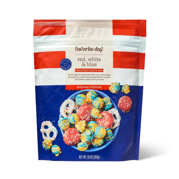 A patriotic snack mix pouch in red, white and blue packaging with caramel popcorn, cookies and pretzels shown on the front.