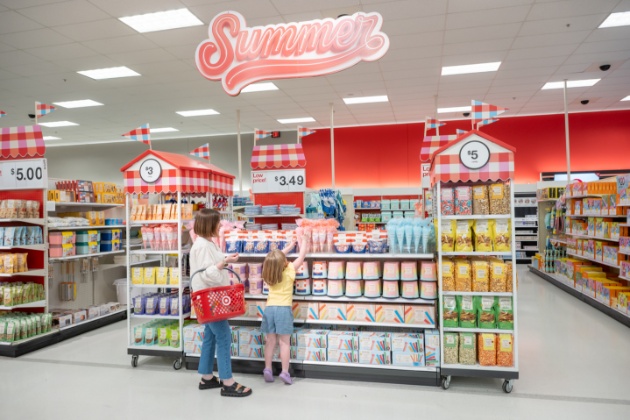 A Target store aisle display with red gingham signage, shelves of snacks, and a “Summer” sign overhead. A woman and child shop the aisle.